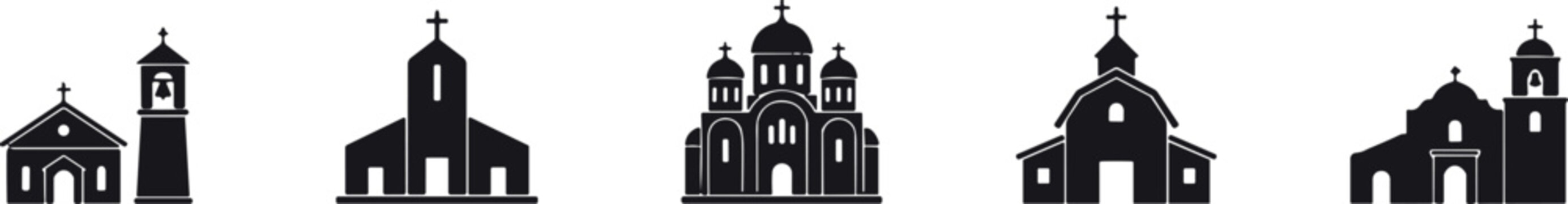Church building vector icon set with christian cross spires cathedral chapel tower silhouettes for religious architecture