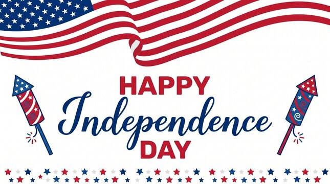 Happy Independence day sign with stars, petards and american flag. 4th of July, United Stated independence day. Template design for poster, banner, flyer, greeting card. Vector illustration