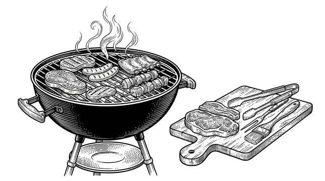 Vintage Hand Drawn Engraving Style Barbecue Grill Meat Set Vector Illustration Featuring Beef Steak Ribs Sausage and Charcoal Smoker Equipment Isolated on White Background for Restaurant Menu Design