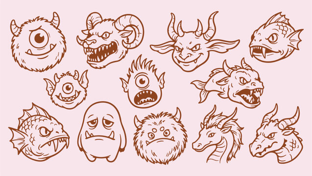 demonic monsters collection seamless pattern, evil creature head icons, dark fantasy horror background, spooky monster faces illustration, mythical nightmare creatures set, gothic devil demon design, 