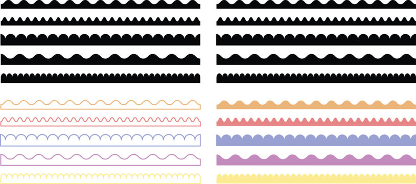 scalloped border divider edge. Circular edge seamless border shape . wavy dividers and trim elements. Repeat cute vintage frill ornament. Texture ribbons symbols