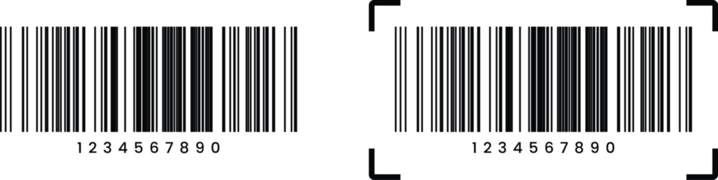 barcode icon with number and scanning frames.  Visual presentation digital data product information. Bar code for product and sales.  Digital bar codes labels and tags