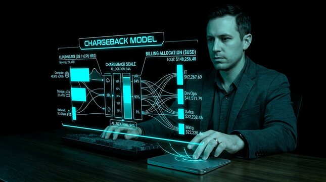 Professional analyzing financial chargeback data on a futuristic digital holographic interface.