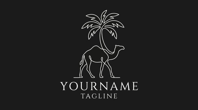 A camel standing under a palm tree.