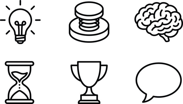 Creative business idea and innovation line icon set with lightbulb brain spring hourglass trophy speech bubble vector