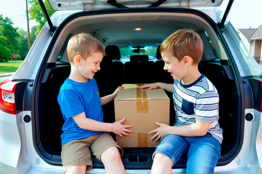 Caucasian boys lifting cardboard box from car trunk, helping with family move and teamwork concept. Useful for relocation services, packing, logistics, parenting campaigns