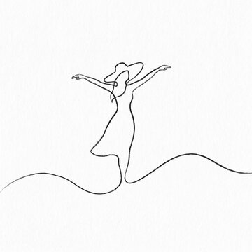 Abstract minimalist woman with open arms line art. Continuous single line vector drawing of a girl in a hat enjoying freedom on a wavy horizon line. Hand drawn without artificial intelligence, vector 