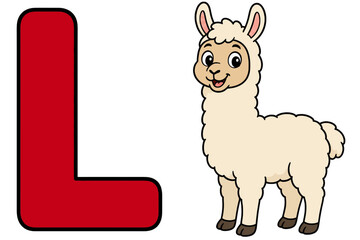 Obraz premium Cute Cartoon Llama Stands Next to a Large Red Letter L for Alphabet Learning
