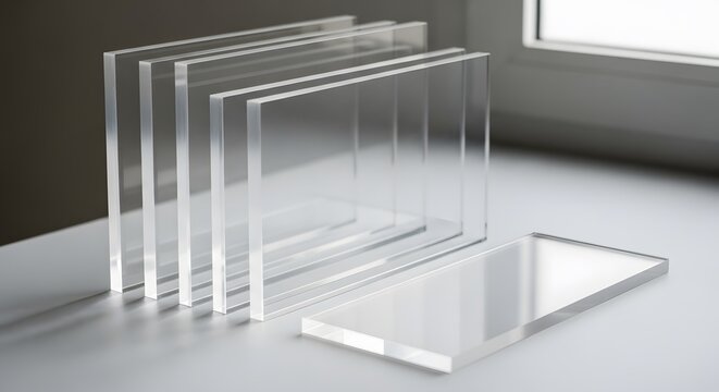 Several clear acrylic sheets stacked and one lying flat on a white surface