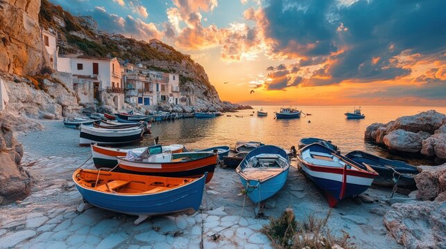 Picturesque coastal village at sunrise. Colorful fishing boats moored in a harbor