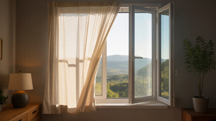 Obraz premium Open window with sheer curtains and a view of rolling hills at sunrise image gently