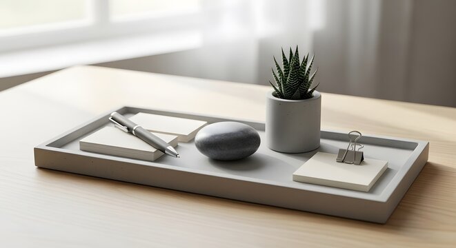 A minimalist desk organizer tray with a succulent plant, pen, stone, and paper clips on a wooden table