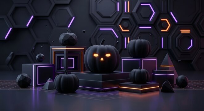 Futuristic Dark Cyberpunk Halloween Concept, Minimalist Product Podium with Purple Neon Lights
(미래지향적인 어두운 사이버펑크 할로윈 콘셉트, 보라색 네온 조명이 있는 미니멀한 제품 포디움)