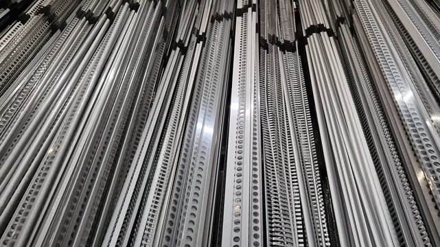 Various types of aluminum profiles (angular, T-shaped) on the shelf of a building materials store. Aluminum profiles on a rack in a building hypermarket. A wide range of fittings for repair