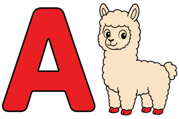 Fototapeta premium Red Letter a with Cute Baby Alpaca Illustration