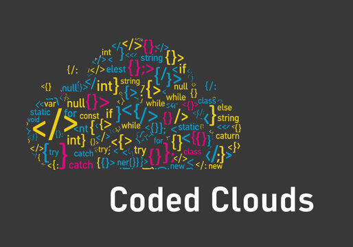 Cloud computing icon formed by colorful programming code symbols.