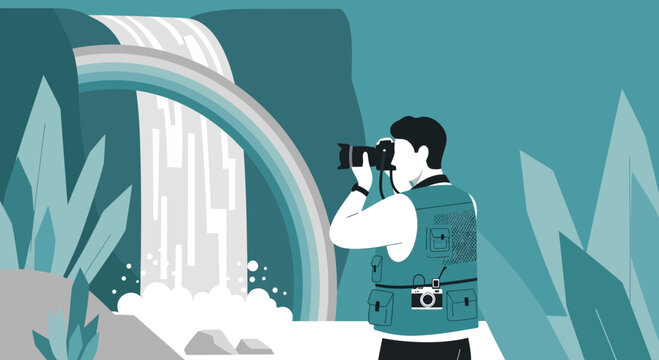 Nature Photographer Capturing Majestic Waterfall And Rainbow Scene