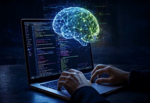 Human hands typing on a laptop screen displaying code with a glowing digital brain above the monitor