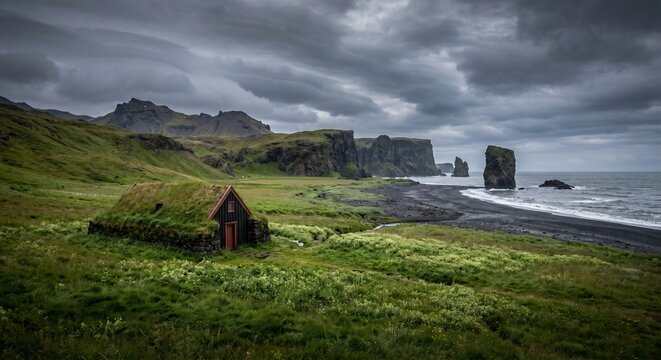 Traditional Icelandic Turf Cabin in Coastal Meadow