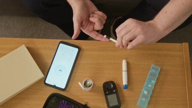 Top view shot of Caucasian man with diabetes pricking finger to test blood glucose level with glucometer at home. Footage suitable for healthcare marketing, diabetes awareness, medical app promos