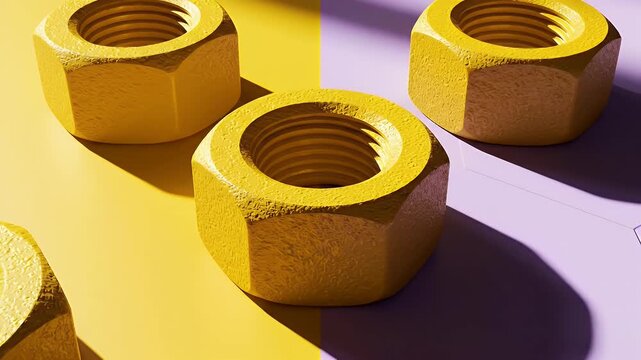 Cluster of Three Brass-Colored Hex Nuts Placed on a Striped Yellow and Purple Background