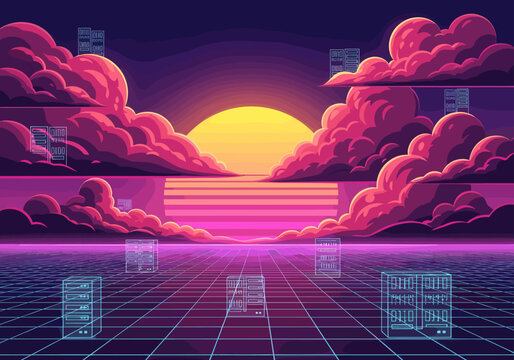 Retro synthwave digital landscape with sunset and server clouds.