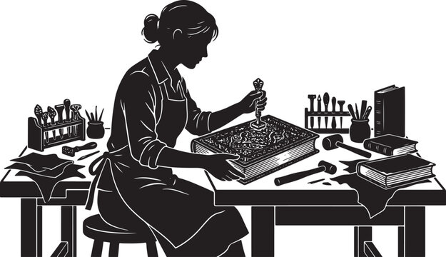 Artisan Bookbinder Crafting Intricate Cover Designs, Traditional Bookbinding Tools, Vintage Workshop Scene, Detailed Handcraft Illustration