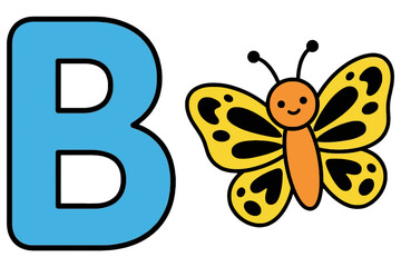 Fototapeta premium Blue Letter B with Yellow Butterfly Illustration for Kids Education