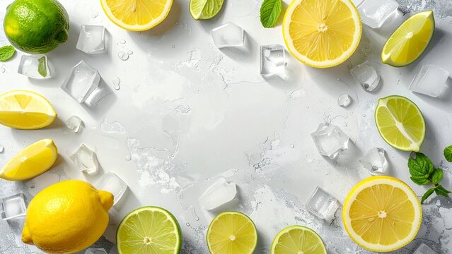  Fresh lemon and lime slices with ice cubes and mint leaves frame on white concrete background copy space
白いコンクリート背景の上の氷とミントの葉入り新鮮なレモンとライムスライスのフレーム、コピースペース