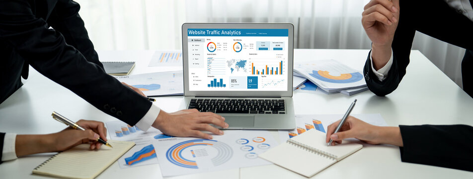 Computer software for website traffic analytics data on computer screen. Concept of SEO search engine optimization and customer targeting for online business brisk