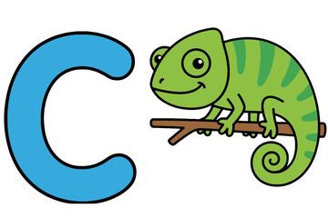 Naklejka premium Cute Green Chameleon Sitting on a Branch Next to a Blue Letter C