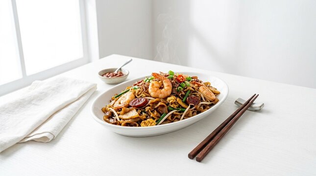 Char Kway Teow Smoky Malaysian Flat Rice Noodles &ndash; Wok-Fried Street Food &ndash; Commercial Food Stock Photo