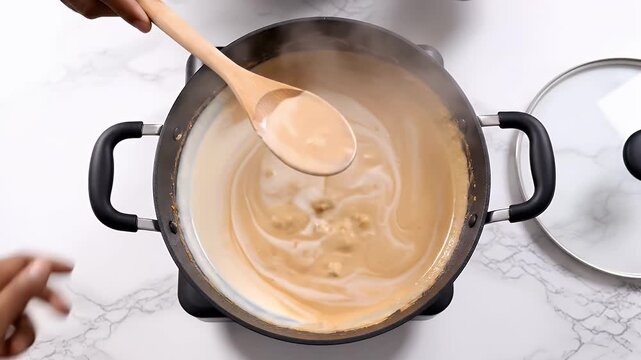 Creamy Sauce Being Stirred in a Cast Iron Pot by Two Hands in Kitchen