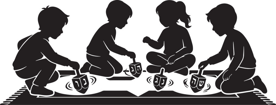 Children playing with dreidels, Hanukkah celebration, festive Jewish holiday game, silhouette vector illustration