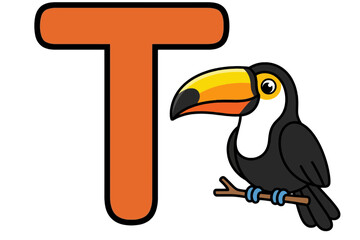 Obraz premium Orange Letter T with Toucan Bird Sitting on Branch