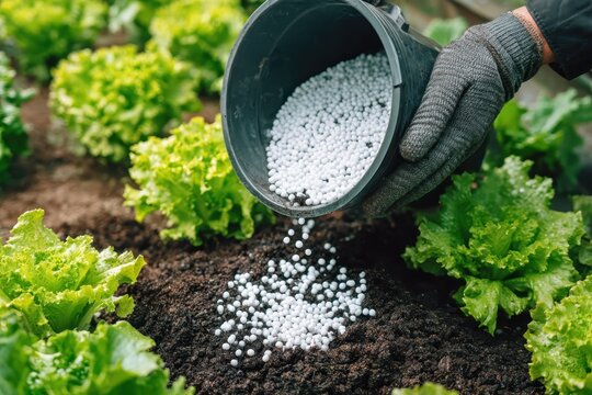 Farmer giving granulated fertilizer to young lettuce plants. Hand sprinkles fertiliser white granules to crop protection from midges, fungus. Copy space image. Planting nutrient growth and cultivation