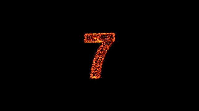 Three dimensional number 7 formed with glowing particles that erupts into a spectacular explosion