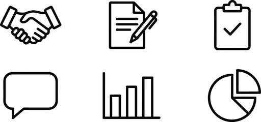 Business agreement and corporate workflow line icon set with handshake contract clipboard chart speech vector © PUTUL