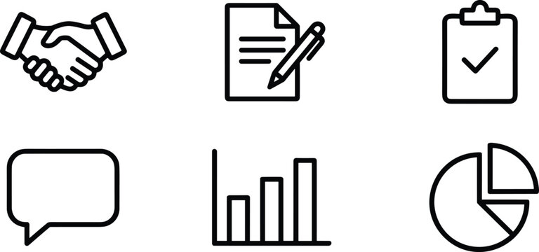 Business agreement and corporate workflow line icon set with handshake contract clipboard chart speech vector