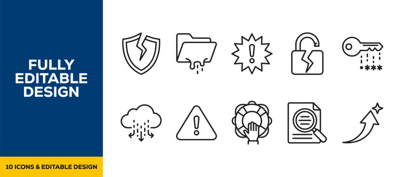 Data warning risk assessment flat line art vector icon bundle illustration design for security alert information safety hazard precaution error and computer defense