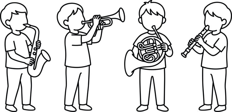 Children playing wind instruments line icon set with saxophone trumpet french horn and flute vector