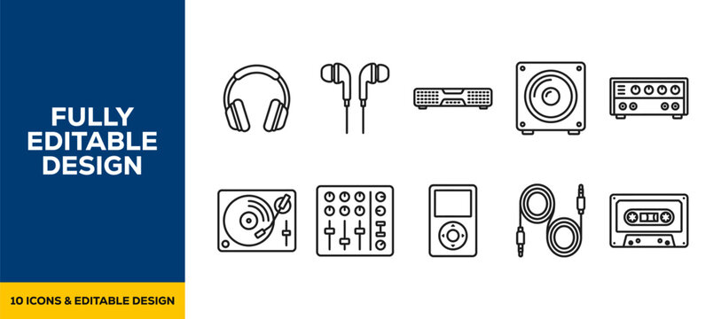 Entertainment media music player flat line art vector icon bundle illustration design for social content digital audio radio sound record studio and lifestyle creative