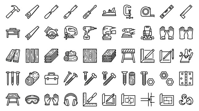 Comprehensive collection of forty-five professional carpentry outline icons featuring woodworking tools, timber equipment, and hardware in a linear vector style with editable stroke on white backgr...