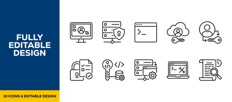 Web development backend coding flat line art vector icon bundle illustration design for software engineering IT computer programmer screen and digital tech management