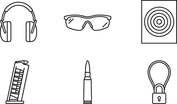 Shooting range equipment line icon set with earmuffs goggles target magazine bullet and gun lock vector