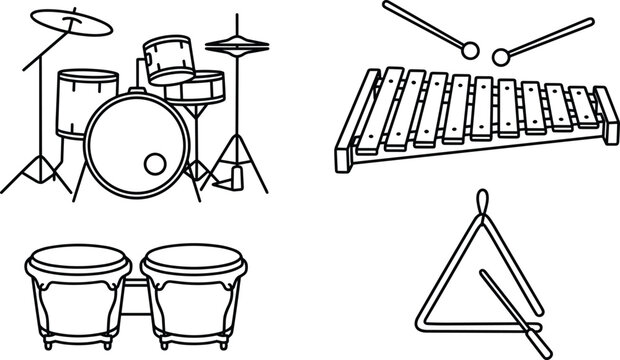 Percussion musical instruments line icon set with drum kit xylophone bongo drums and triangle outline vector