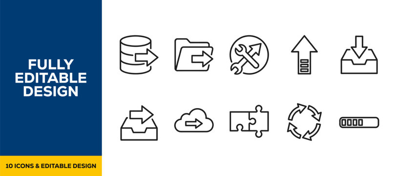Cloud storage file management flat line art vector icon bundle illustration design for digital database hosting server internet backup and information tech business