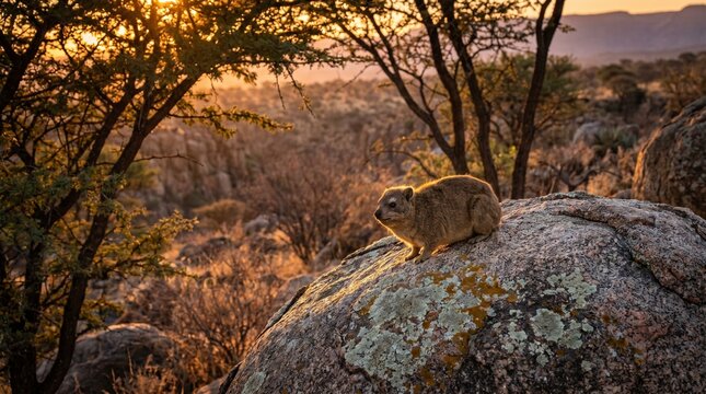 Rock hyrax basking in the sun on a rock at sunset