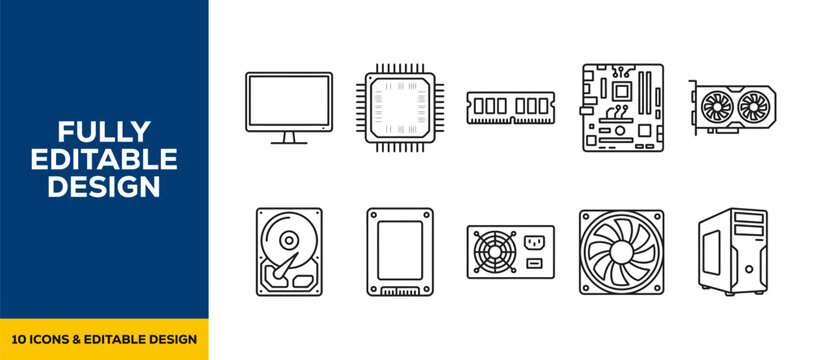 Modern hardware digital storage flat line art vector icon bundle illustration design for computer parts tech data ssd hdd gadget memory and electronic equipment setup