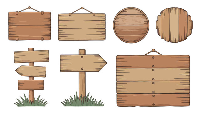 Assorted rustic wooden signs and barrels illustration